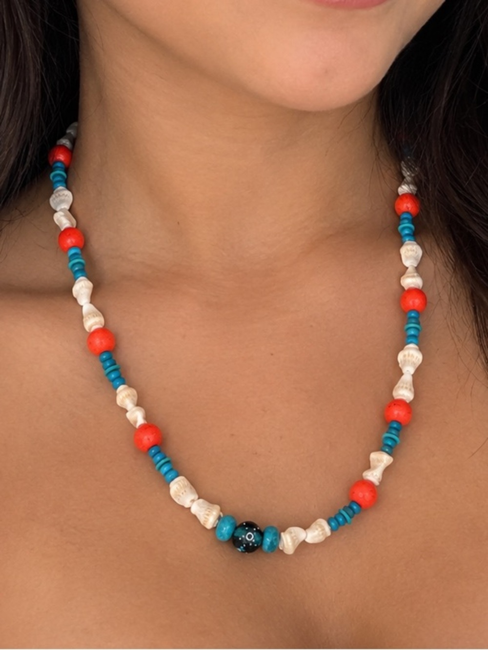 Handmade Turquoise, Coral & White Bead Necklace/shells and red turquoise stone